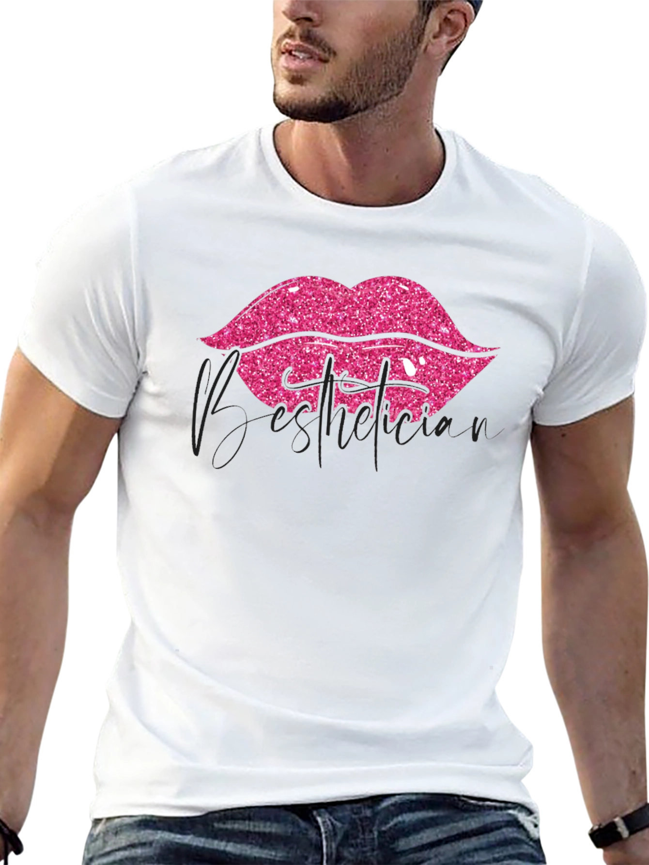 Black Pink Glitter Lips Graphic Black T-Shirt view 13