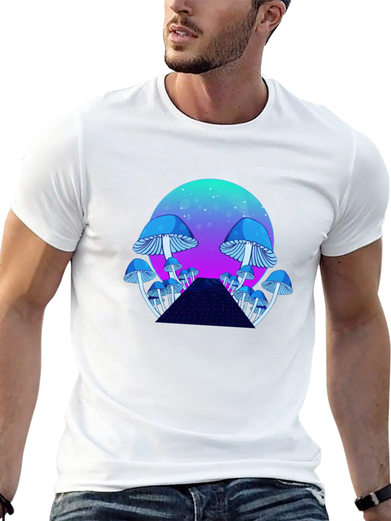 Black Mushroom Galaxy T-Shirt - Retro Synthwave Design view 13