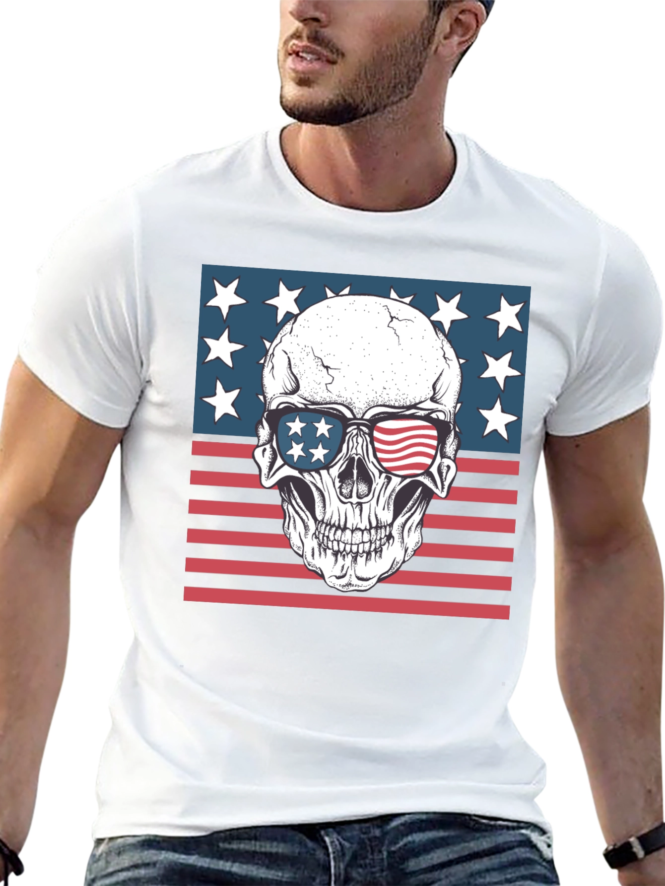 Black American Flag Skull Graphic Tee - Patriotic Style view 13
