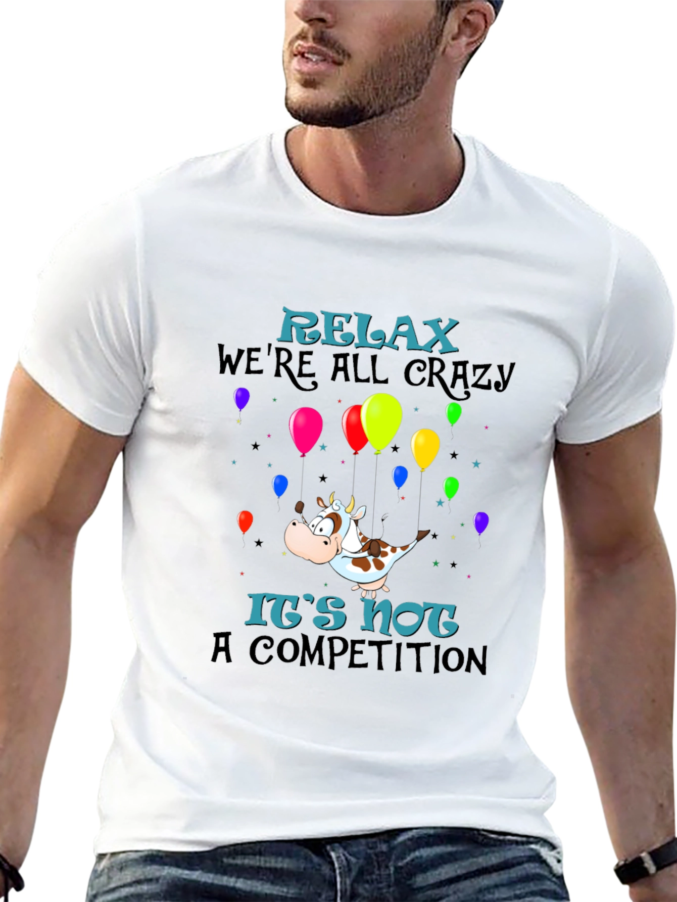 Black Relax We're All Crazy T-Shirt, Funny Cow Balloon Design view 13