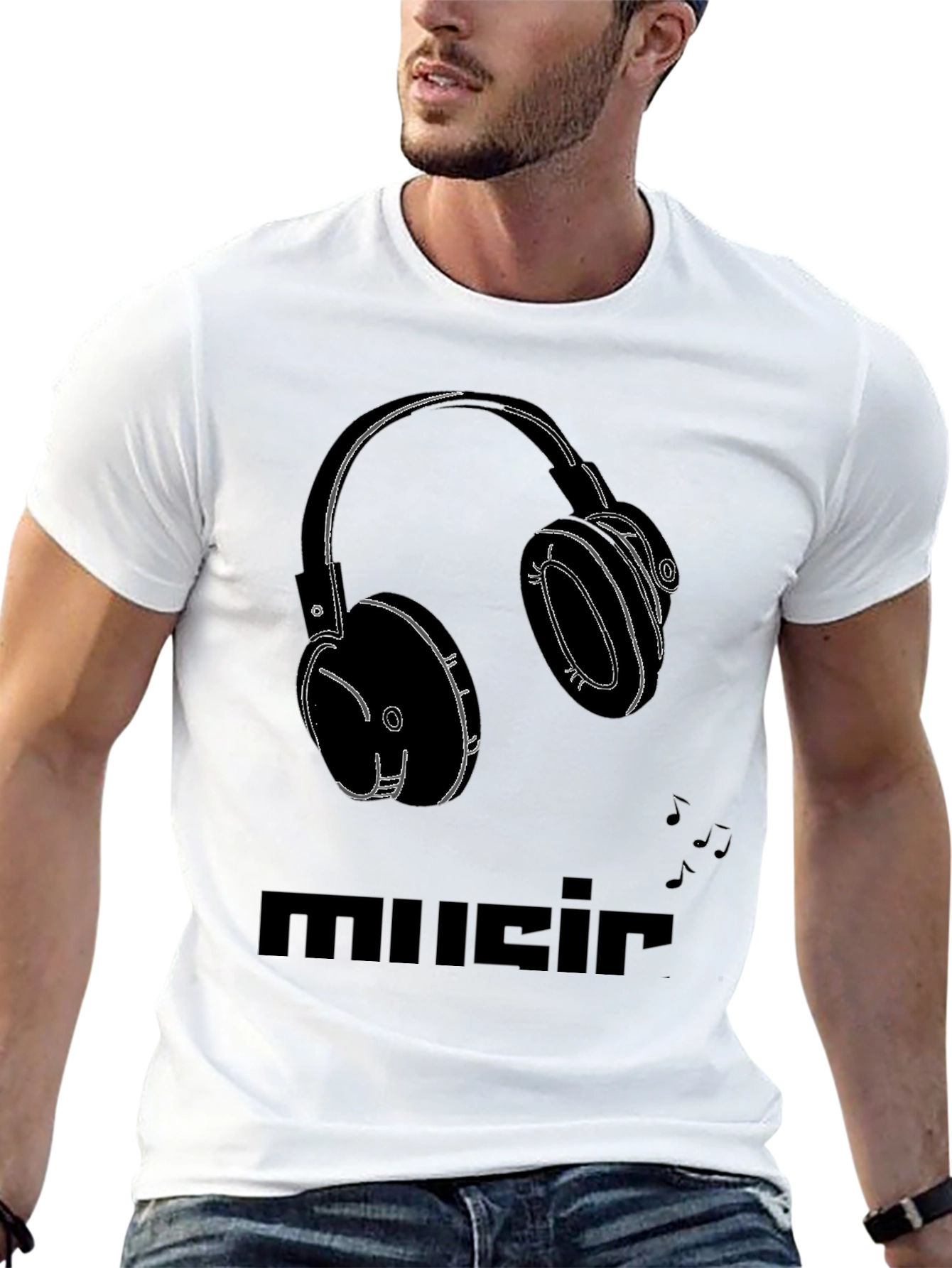 Black Music Headphones Graphic Tee - Black Cotton T-Shirt view 13