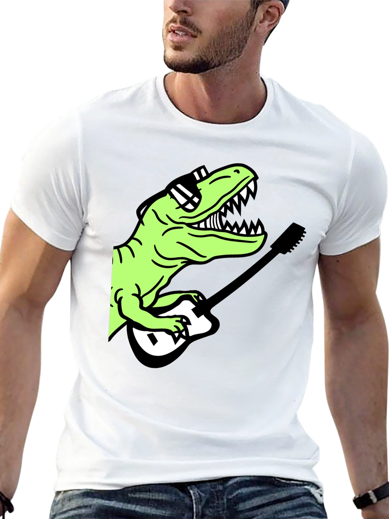 Black Cool Dinosaur Guitar Player Graphic T-Shirt view 13