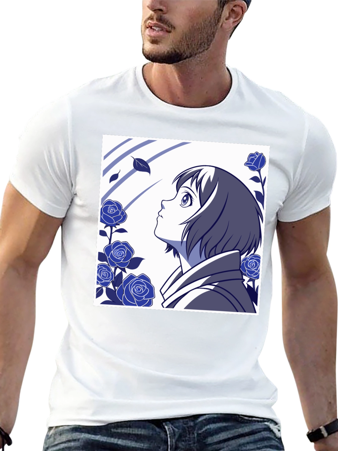 Black Anime Girl & Roses Graphic Tee - Stylish Black T-Shirt view 13