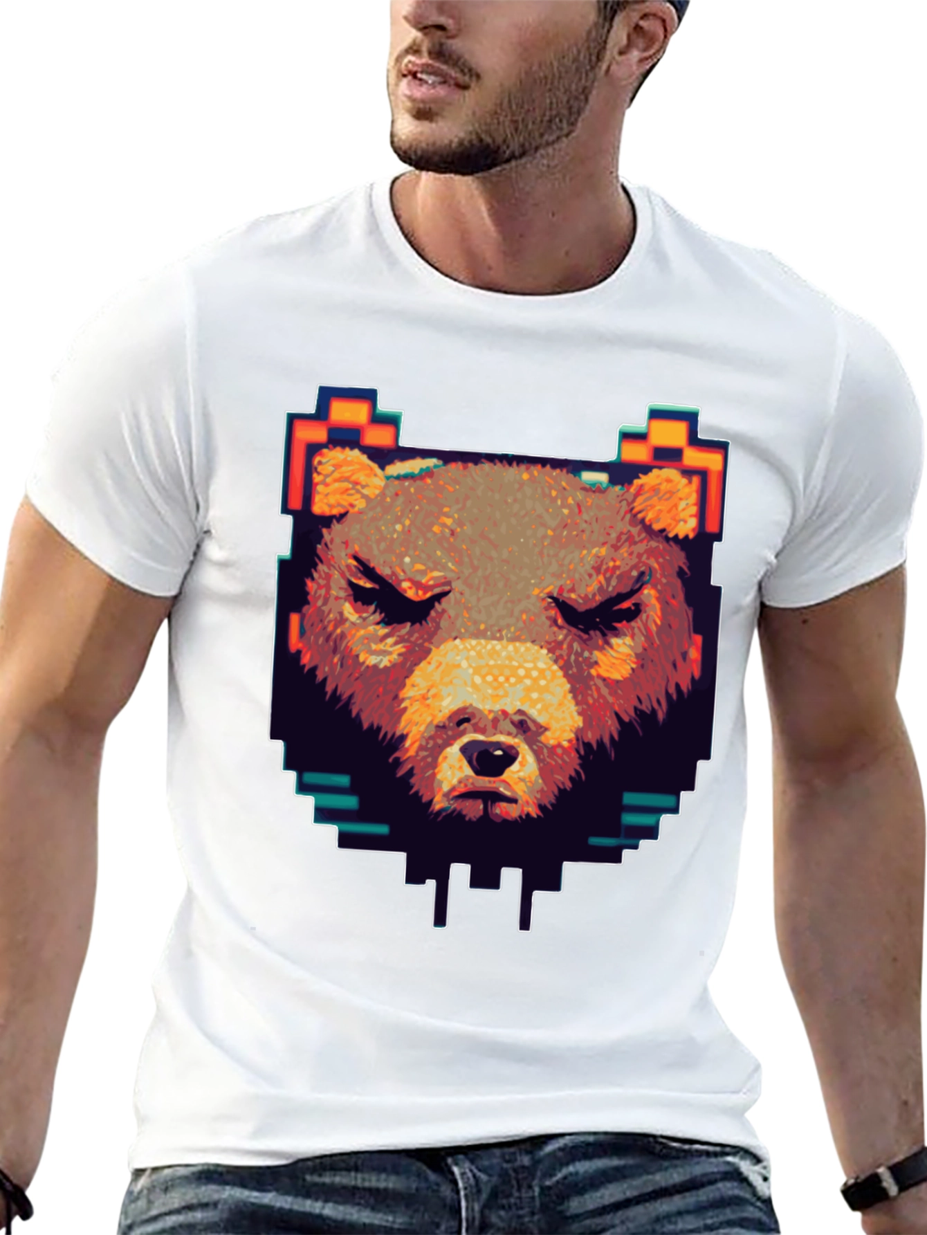 Black Pixel Bear Graphic T-Shirt - Black Crew Neck view 13