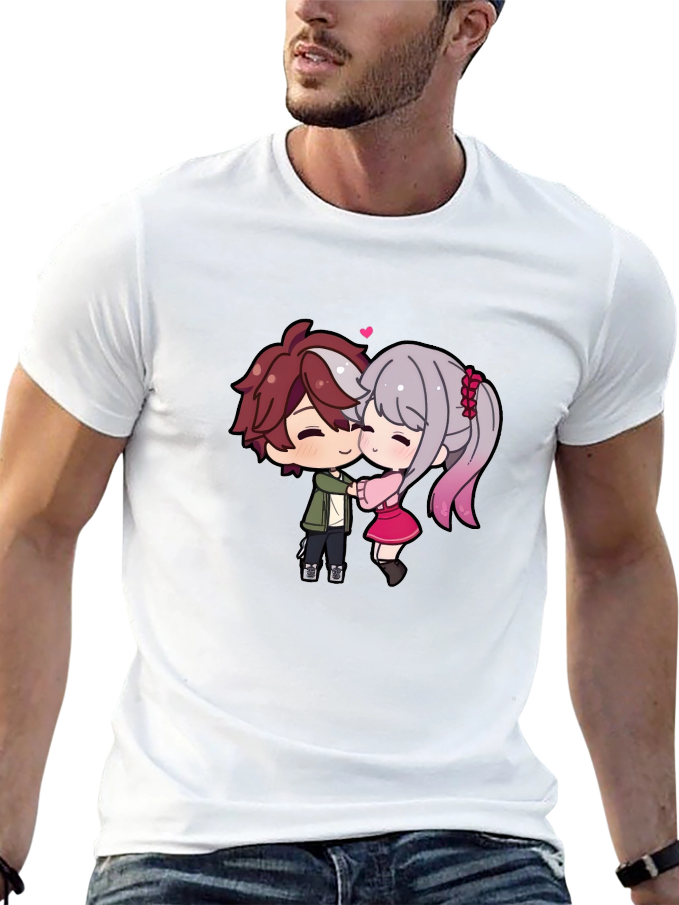 Black Cute Anime Couple T-Shirt - Sweet Embrace view 13
