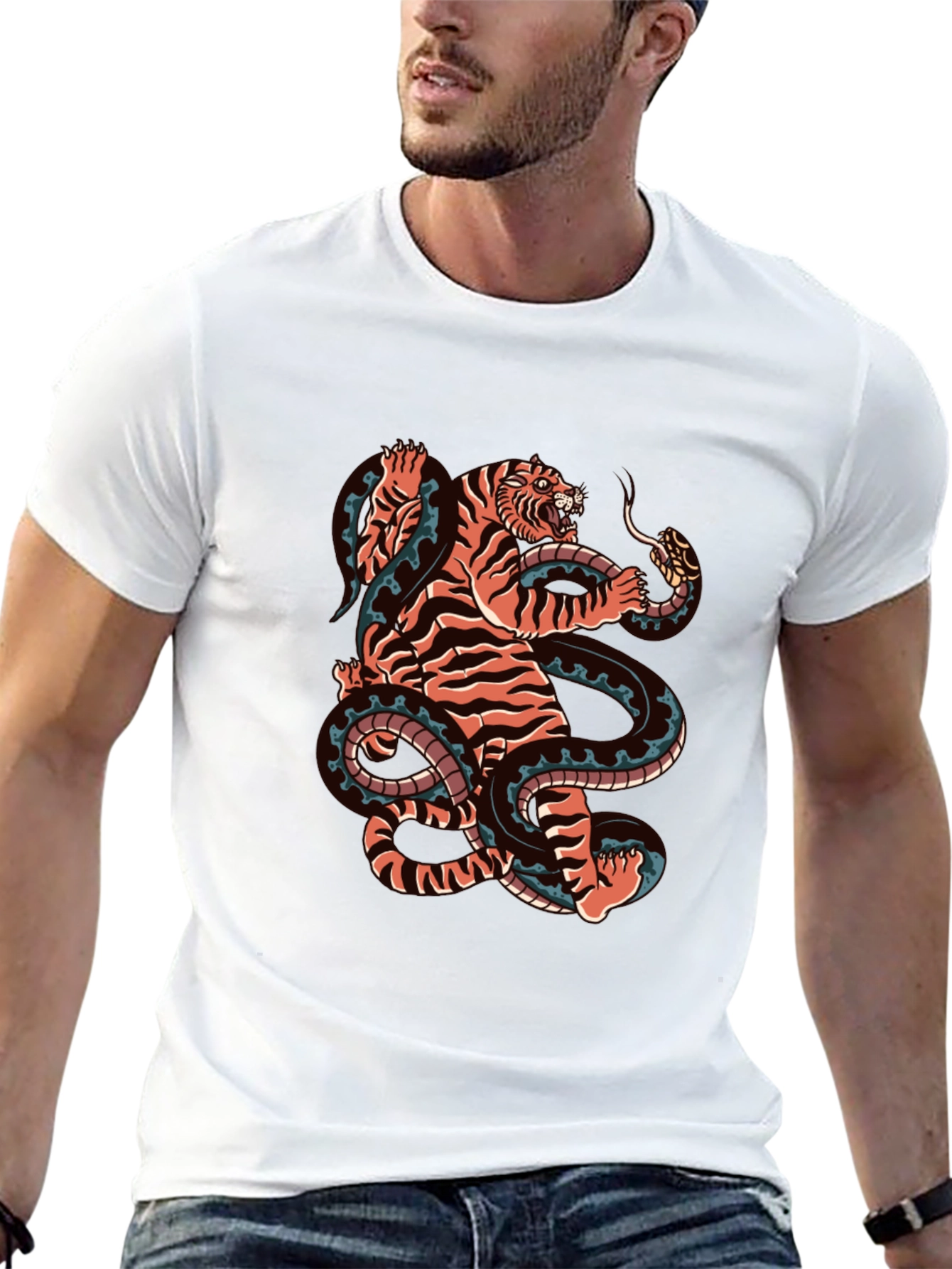Black Tiger and Snake Graphic Black Tee view 13