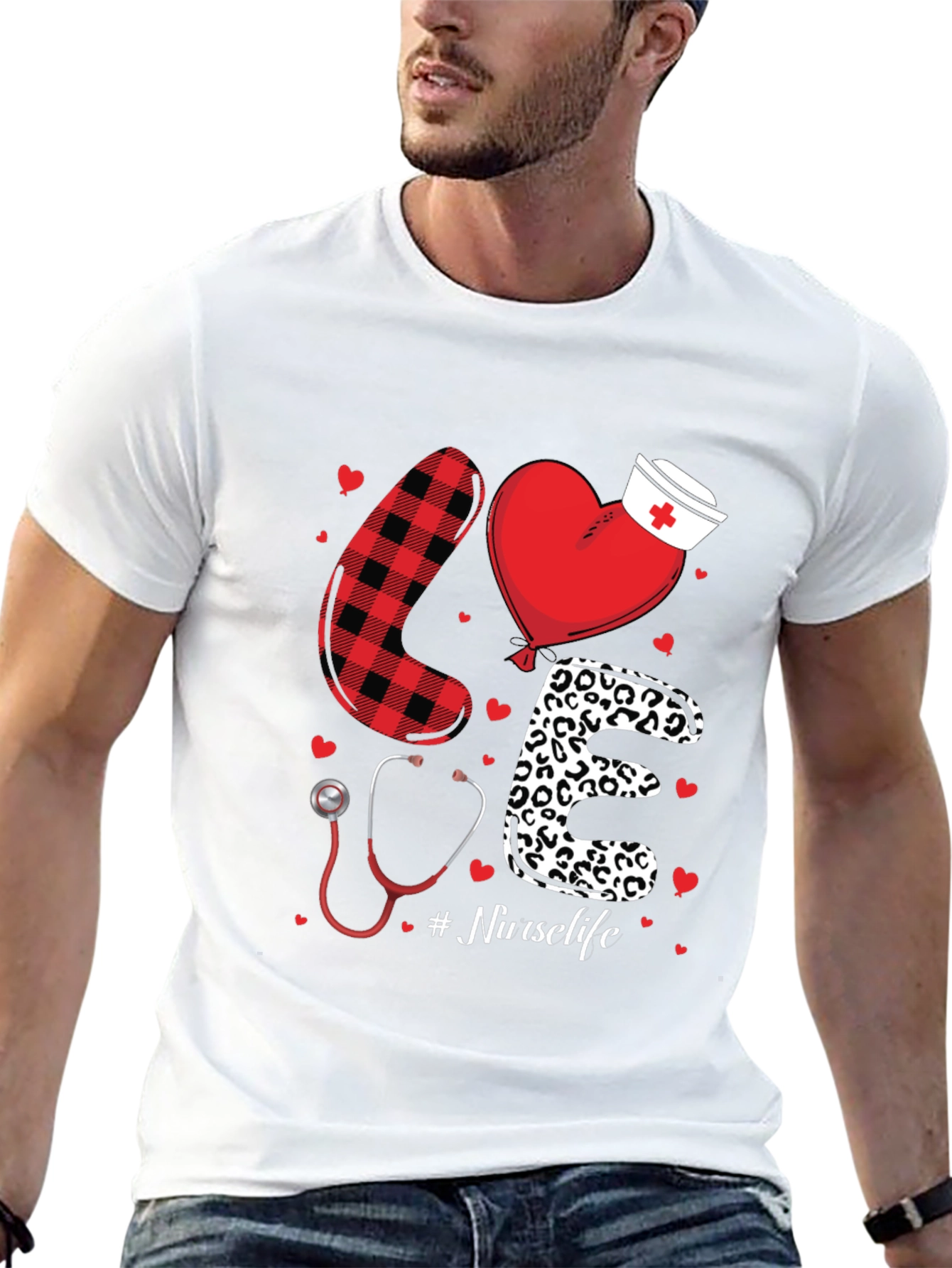 Black Nurse Life Love Graphic T-Shirt - Heart, Stethoscope, Pattern Design view 13