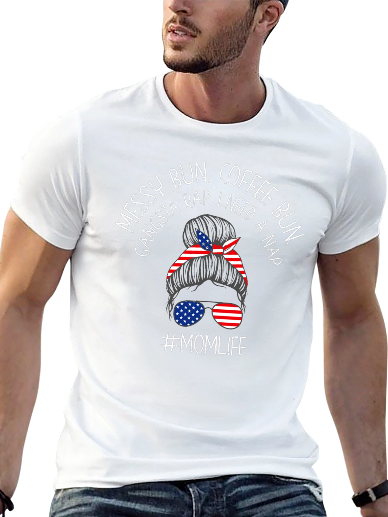 Black Messy Bun Momlife Patriotic Tee view 13
