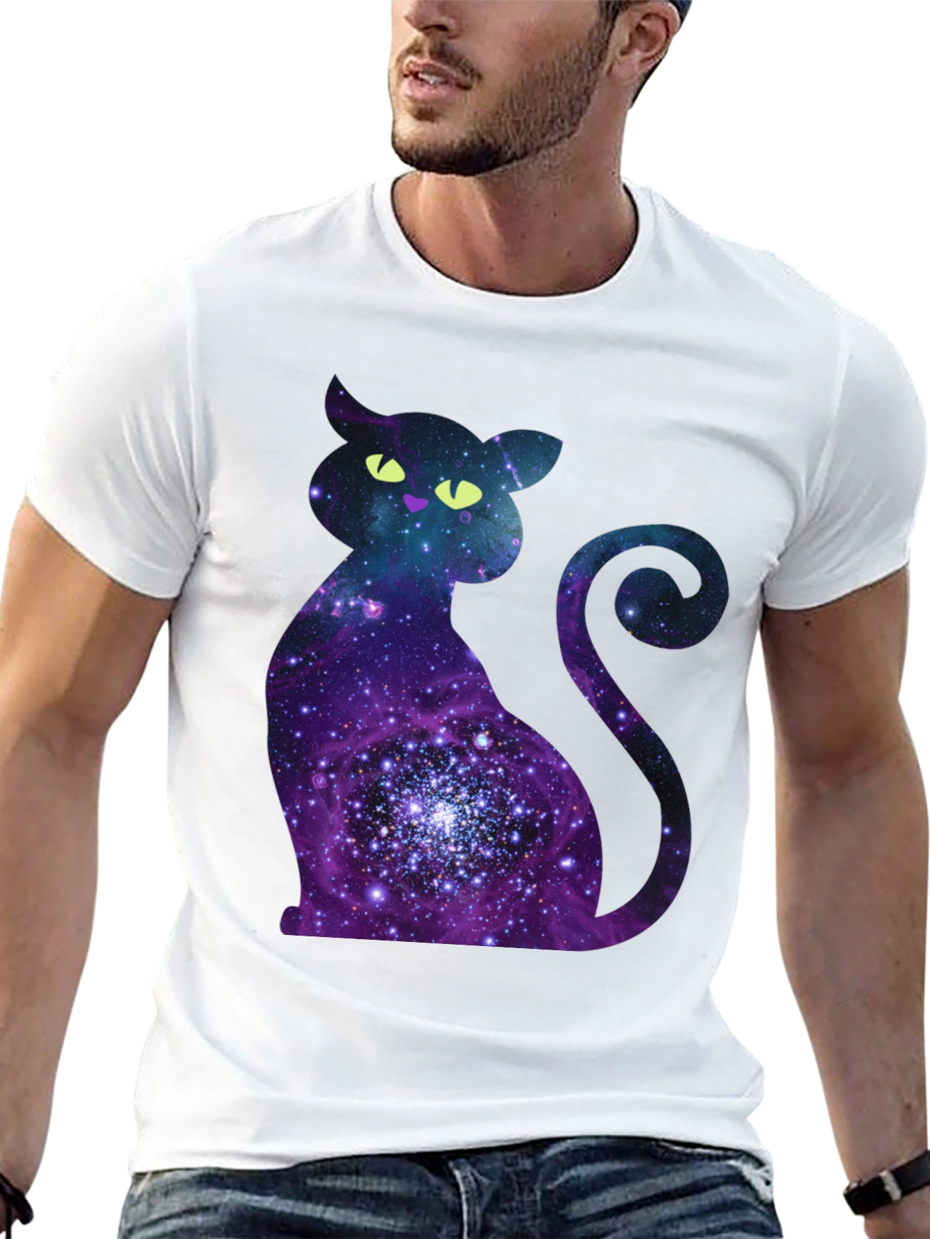 Black Galaxy Cat Graphic Print Crew Neck T-Shirt view 13