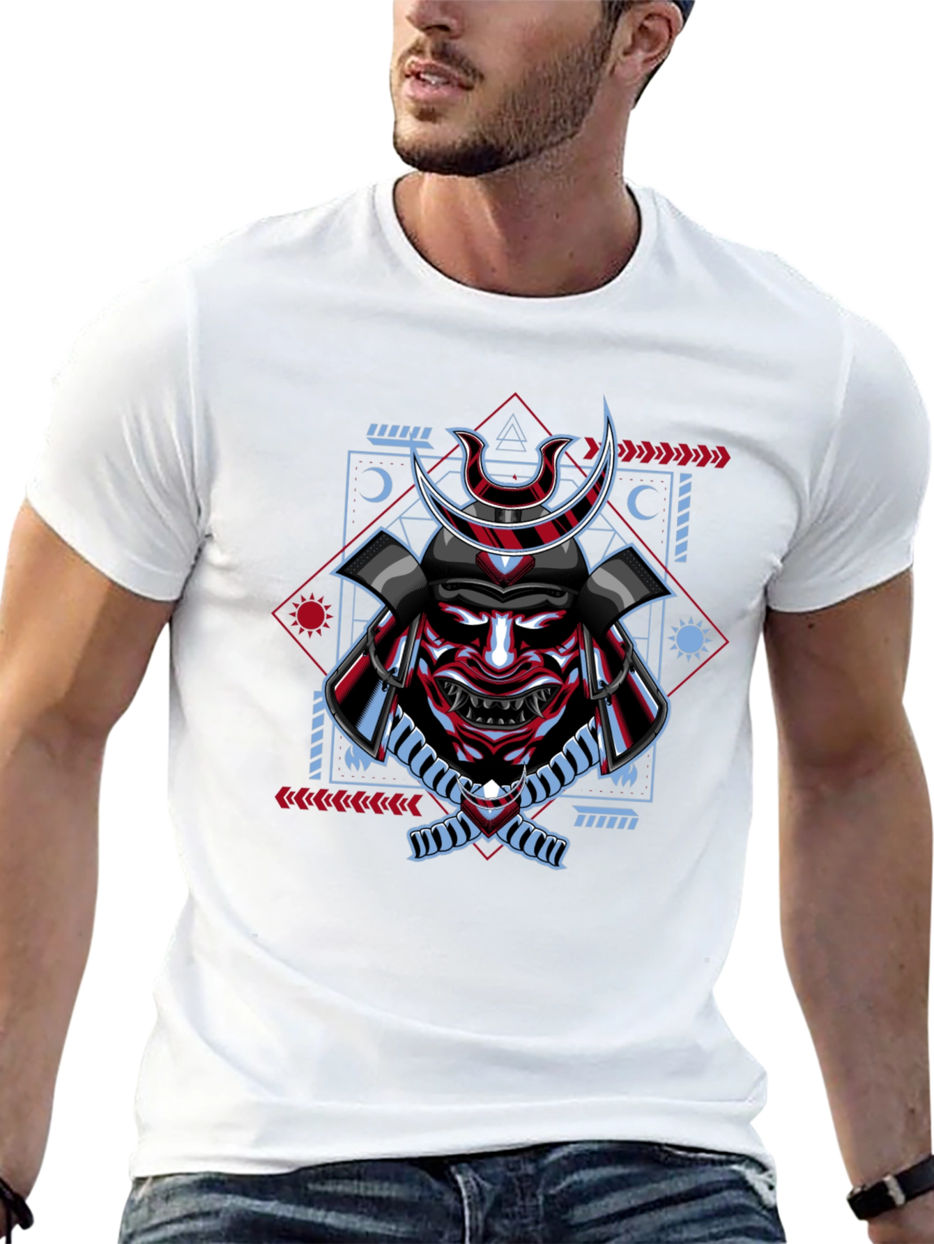 Black Samurai Mask Graphic Print T-Shirt - Black view 13