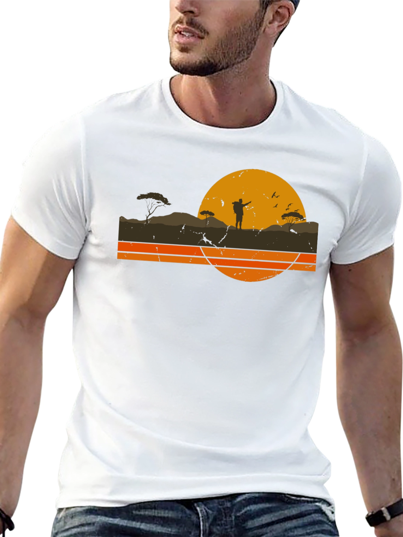 Black Retro Sunset Hiker Graphic T-Shirt view 13