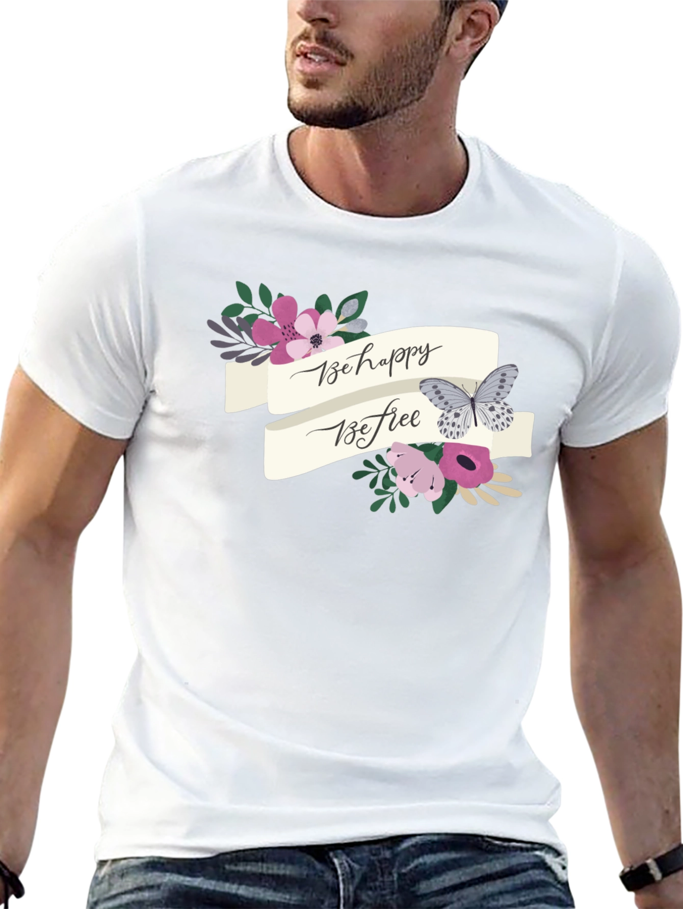 Black Be Happy Be Free Floral Butterfly Graphic Tee view 13