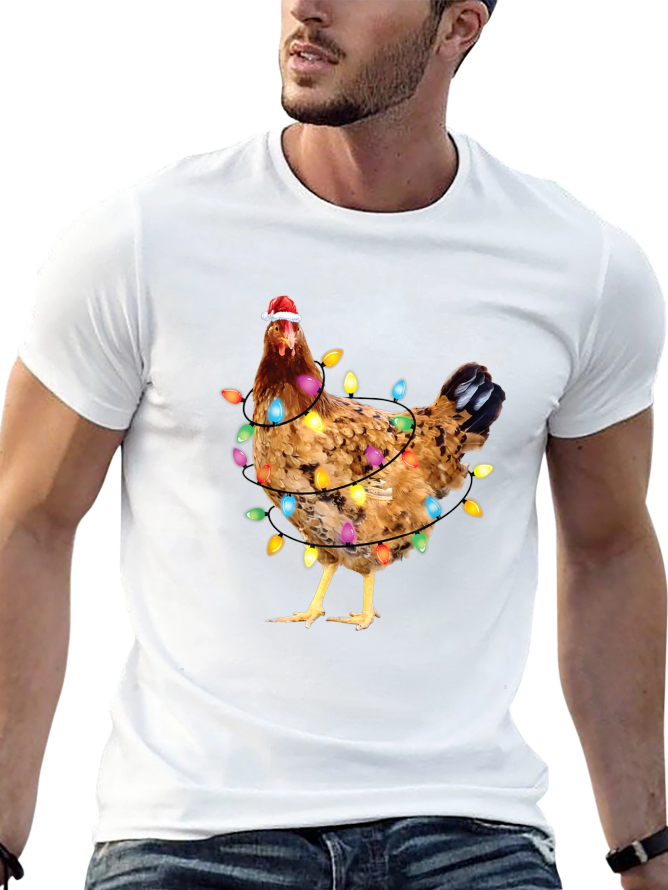 Black Festive Chicken Christmas Lights Graphic Tee view 13