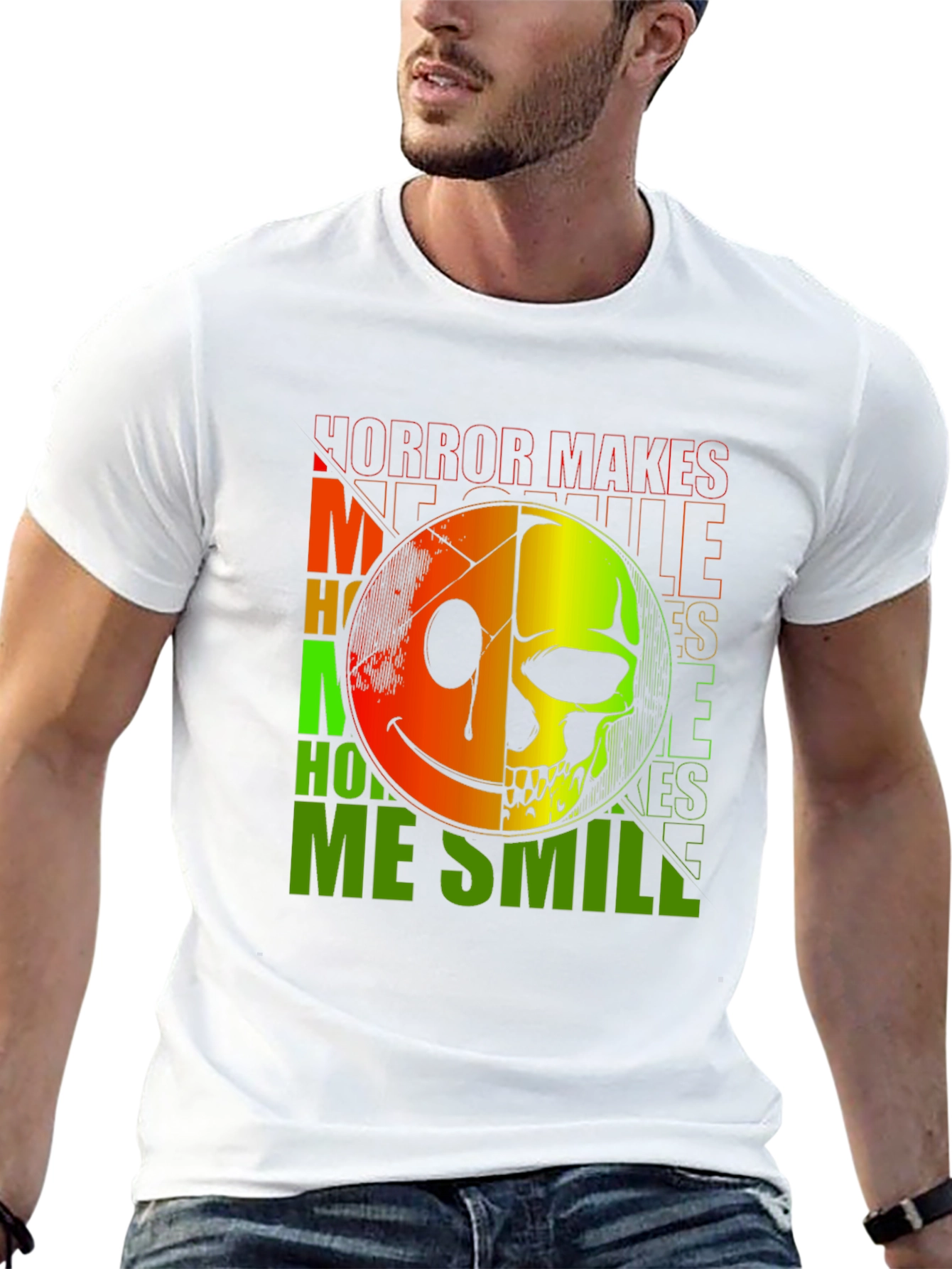 Black Horror Makes Me Smile T-Shirt - Half Smile, Half Skull view 13
