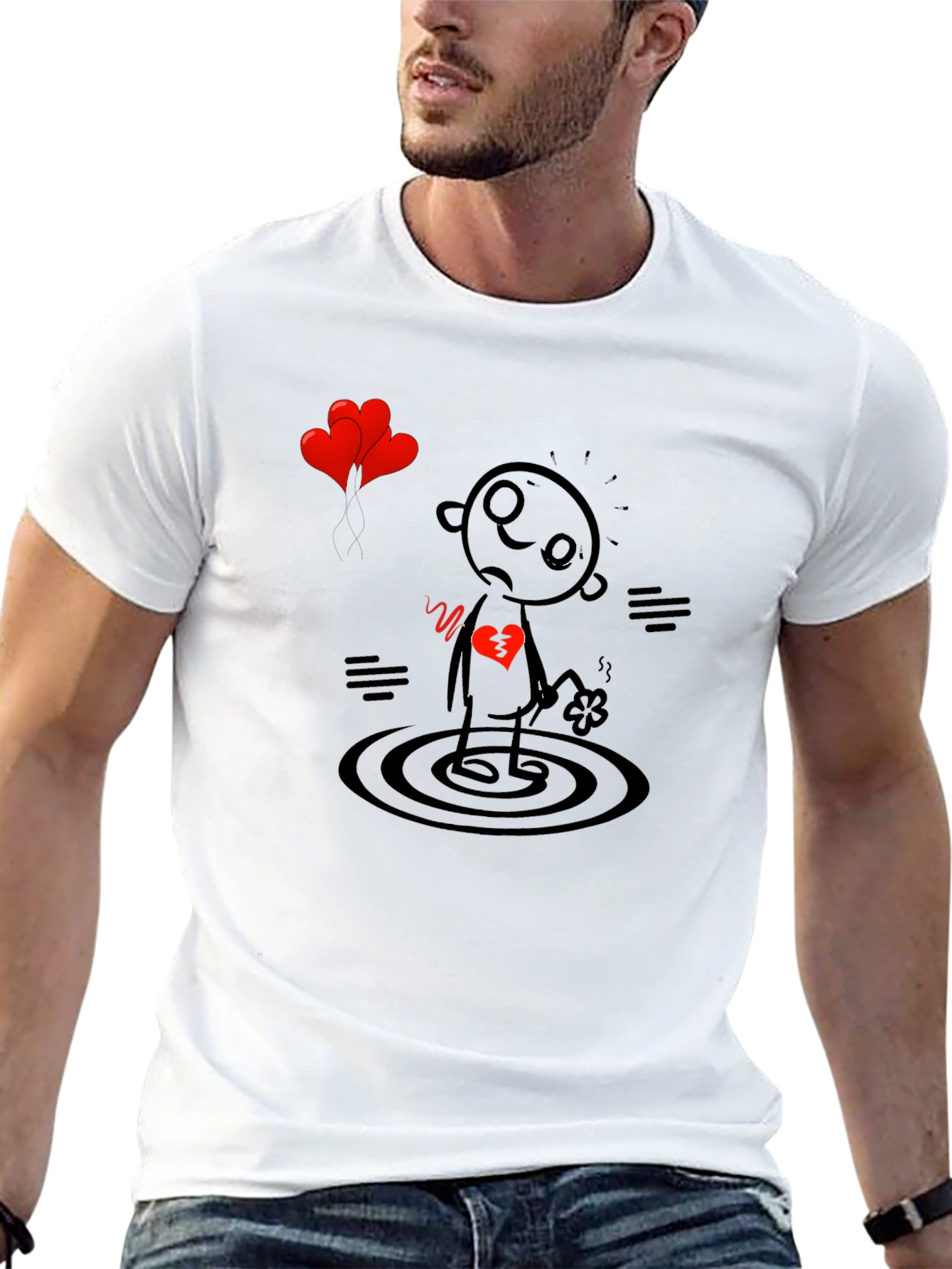 Black Heartbroken Stick Figure T-Shirt - Sad Cartoon Tee view 13