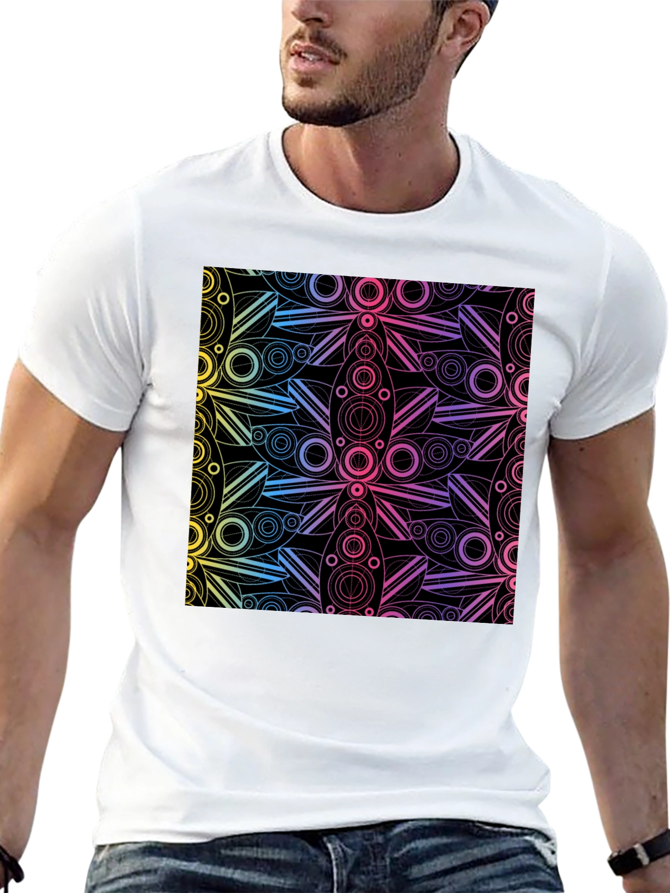 Black Geometric Rainbow Pattern Black T-Shirt view 13