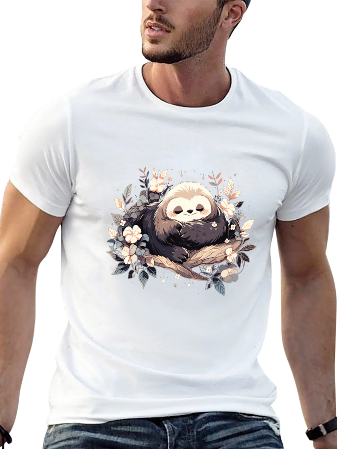 Black Cute Sloth with Flowers Graphic T-Shirt view 13