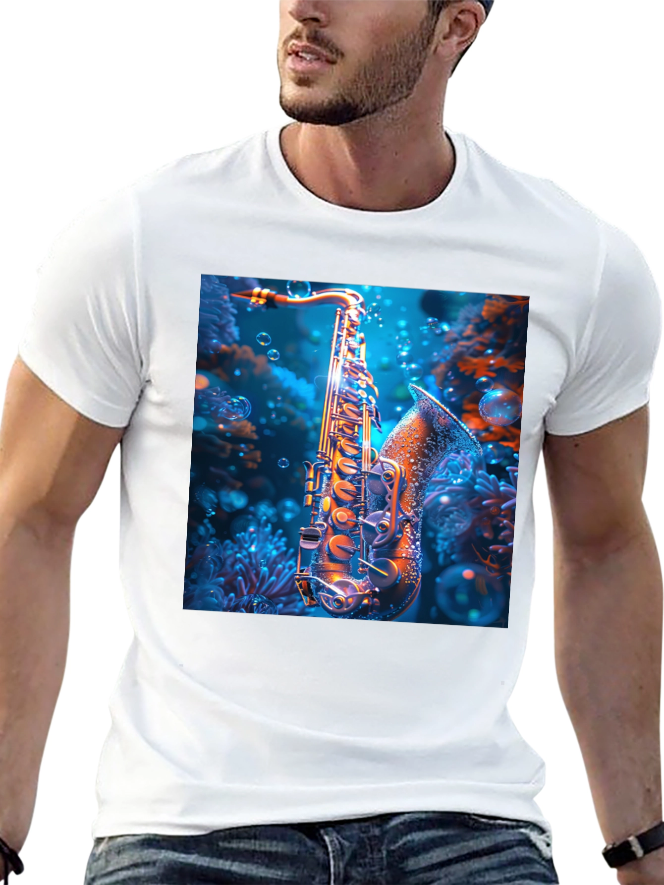 Black Saxophone Underwater T-Shirt - Unique Musical Design view 13