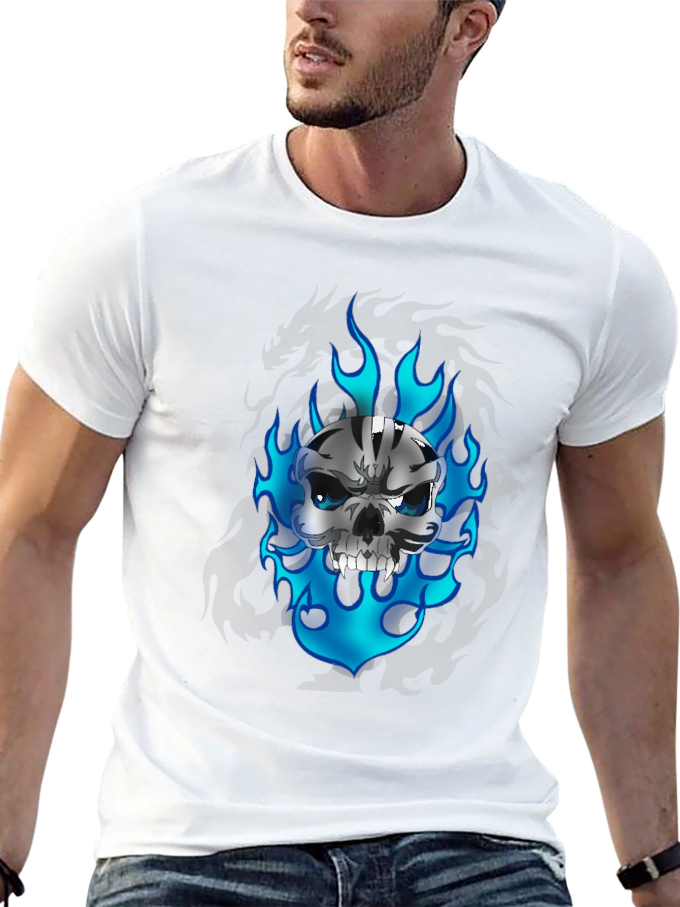 Black Skull and Flames Graphic Tee view 13