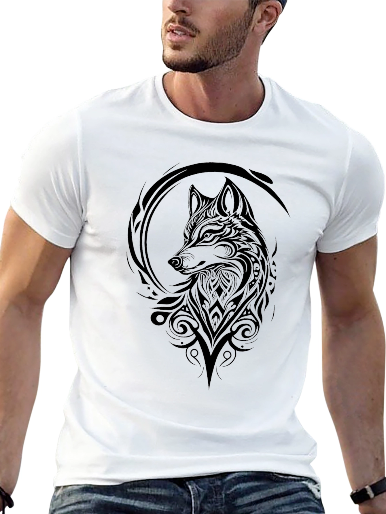 Black Wolf Tribal Art Graphic Tee - Black Cotton T-Shirt view 13