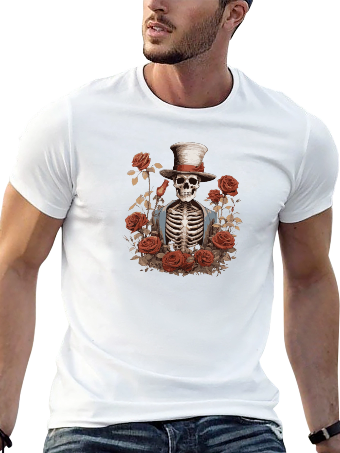 Black Skeleton Top Hat Roses Graphic Tee - Unisex view 13