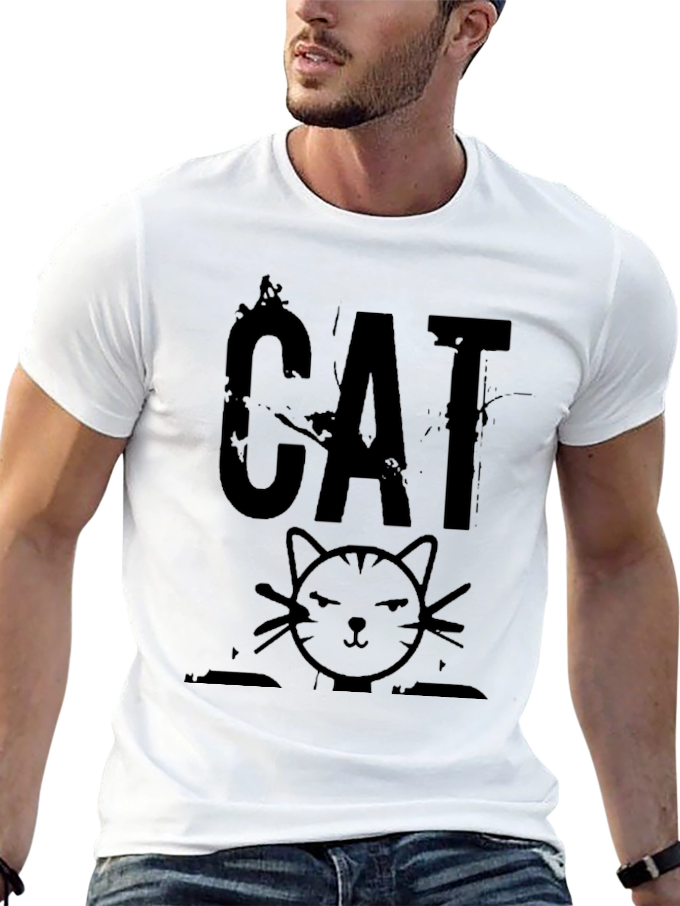 Black Distressed CAT Graphic Print Men's Black T-Shirt view 13