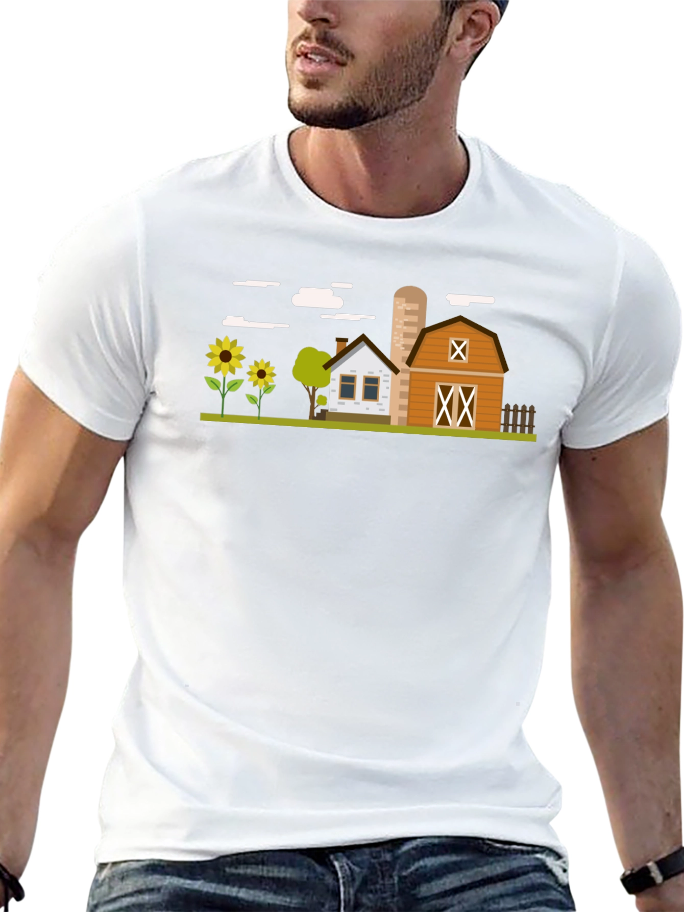 Black Farm Scene Graphic T-Shirt - Black Cotton Tee view 13