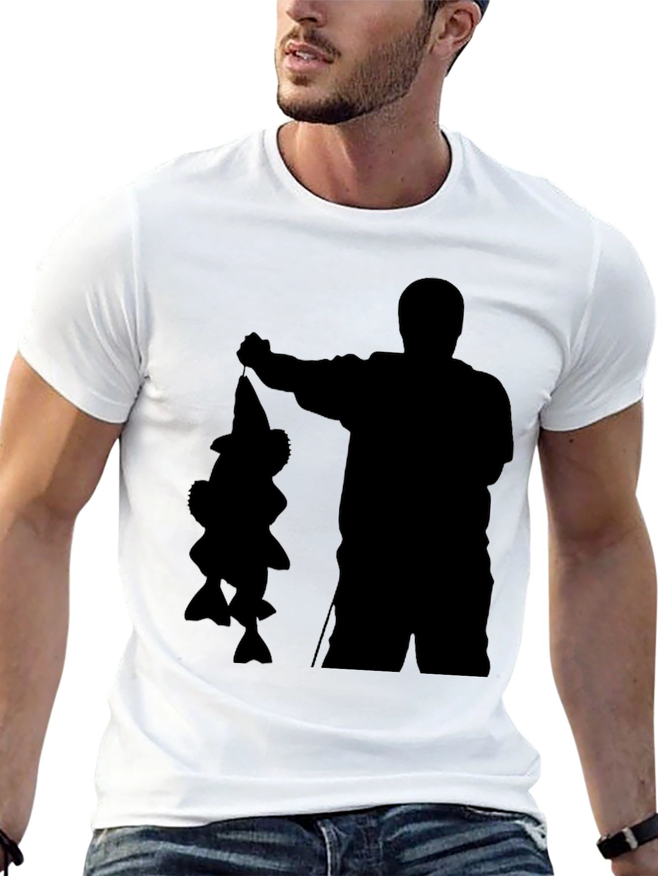 Black Fisherman Silhouette Graphic Tee - Black Cotton Blend Shirt view 13