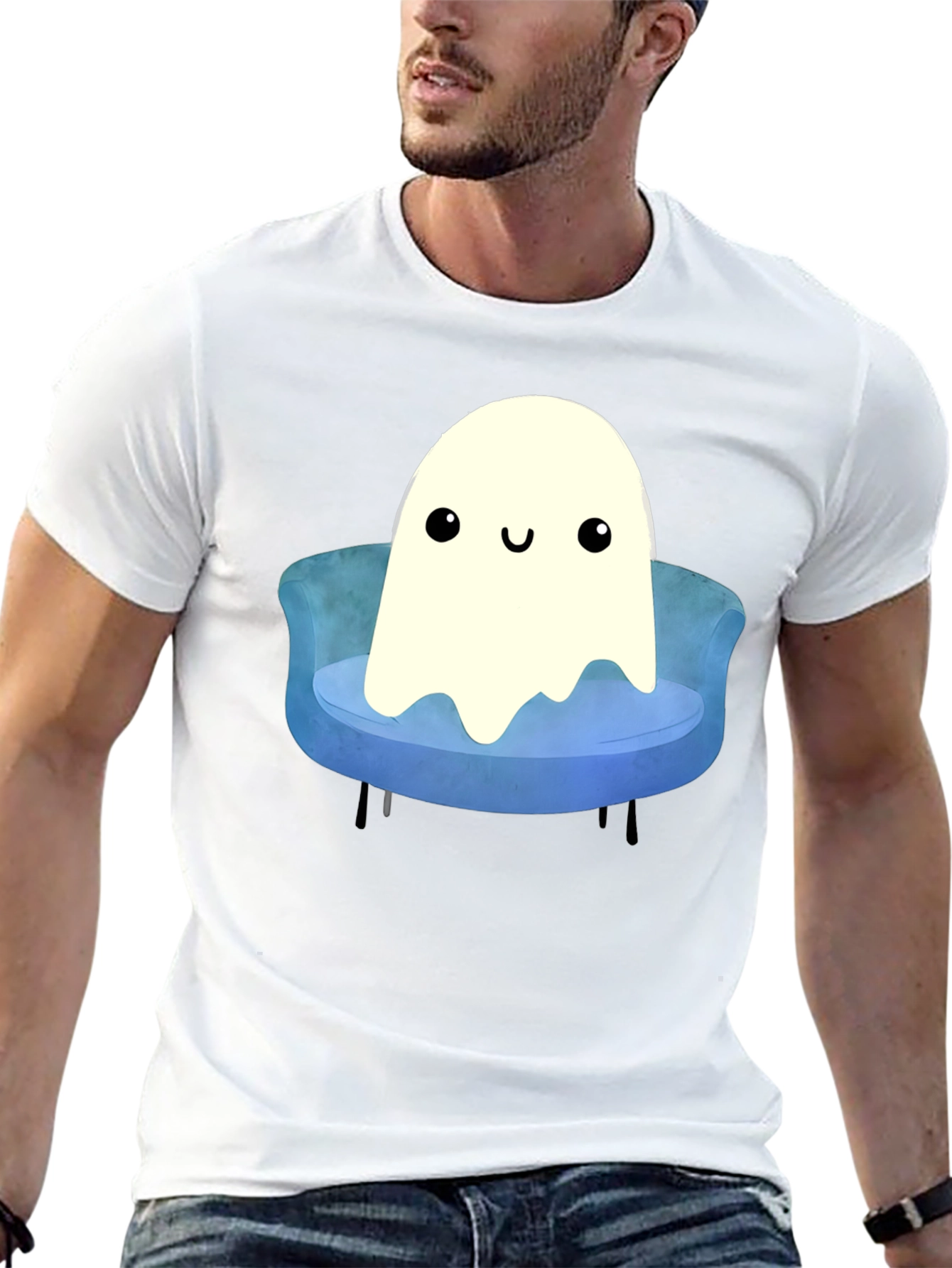 Black Cute Ghost on Couch T-Shirt - Spooky Season Apparel view 13