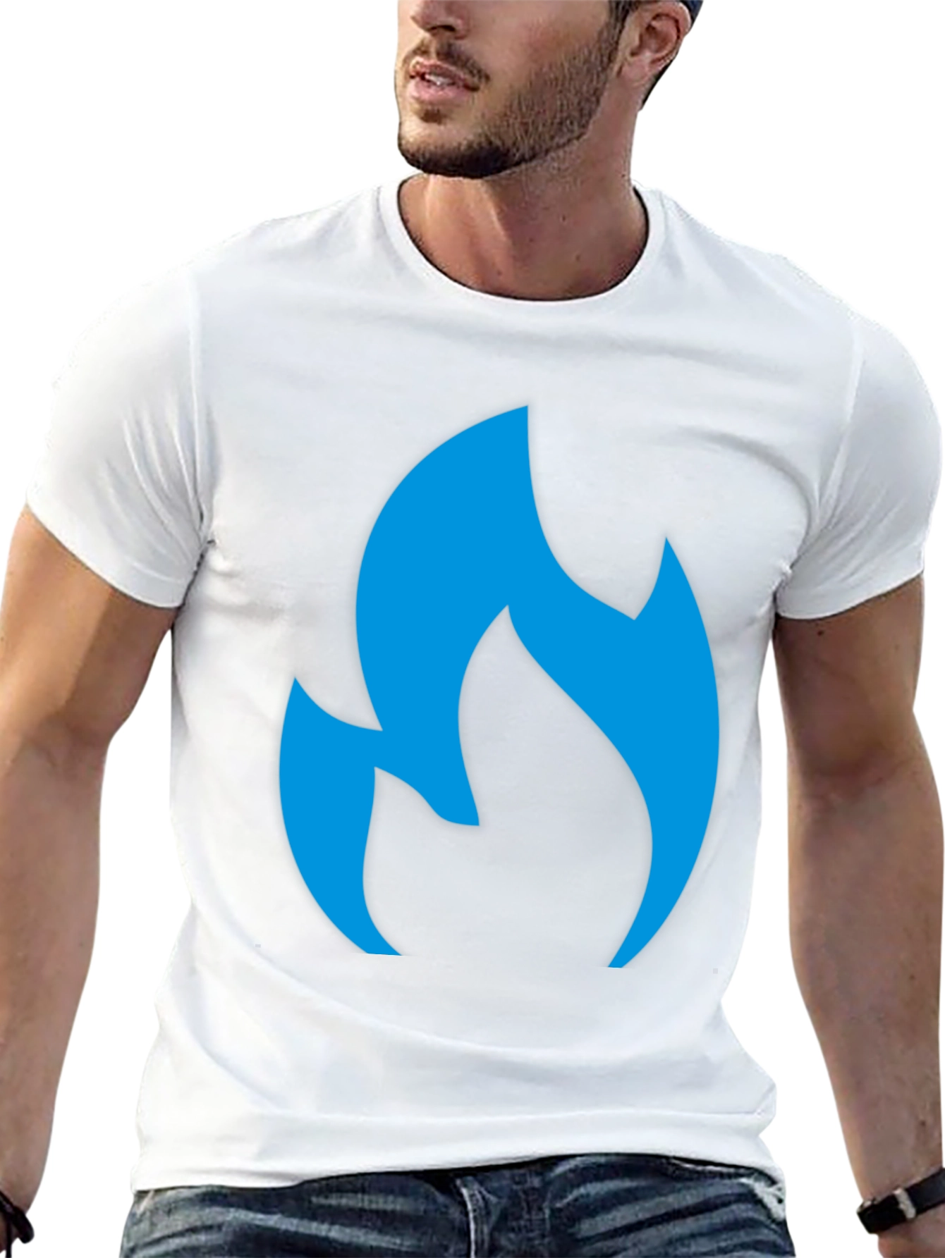 Black Men's Black T-Shirt with Blue Flame Graphic view 13