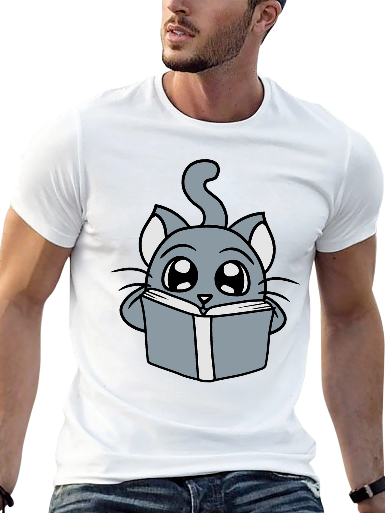 Black Cute Cartoon Cat Reading T-Shirt view 13