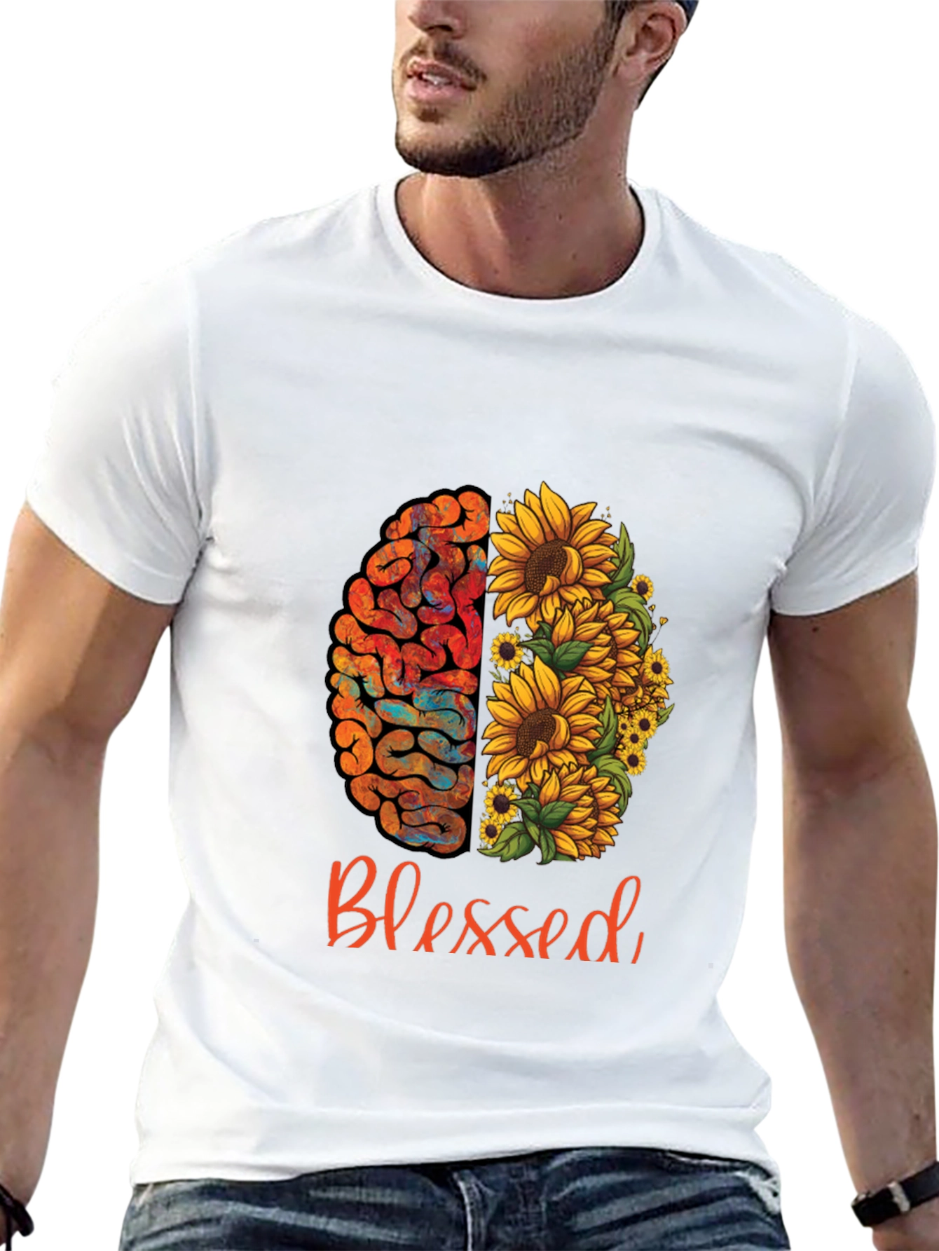 Black Blessed Brain & Sunflower Graphic Tee - Unisex Cotton T-Shirt view 13