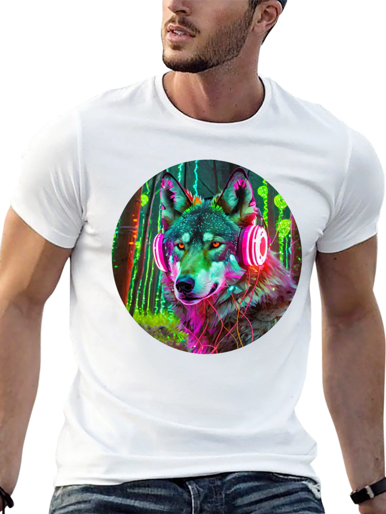 Black Neon Wolf Headphones Graphic Tee view 13