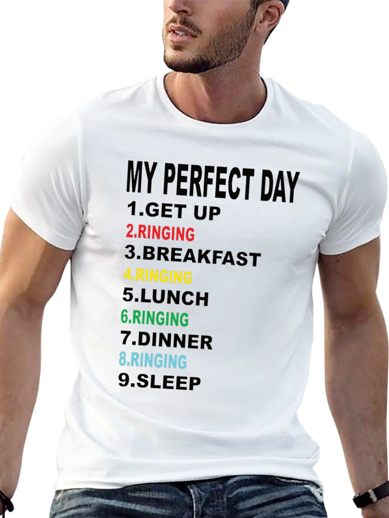 Black My Perfect Day Ringing T-Shirt - Funny Novelty Tee view 13