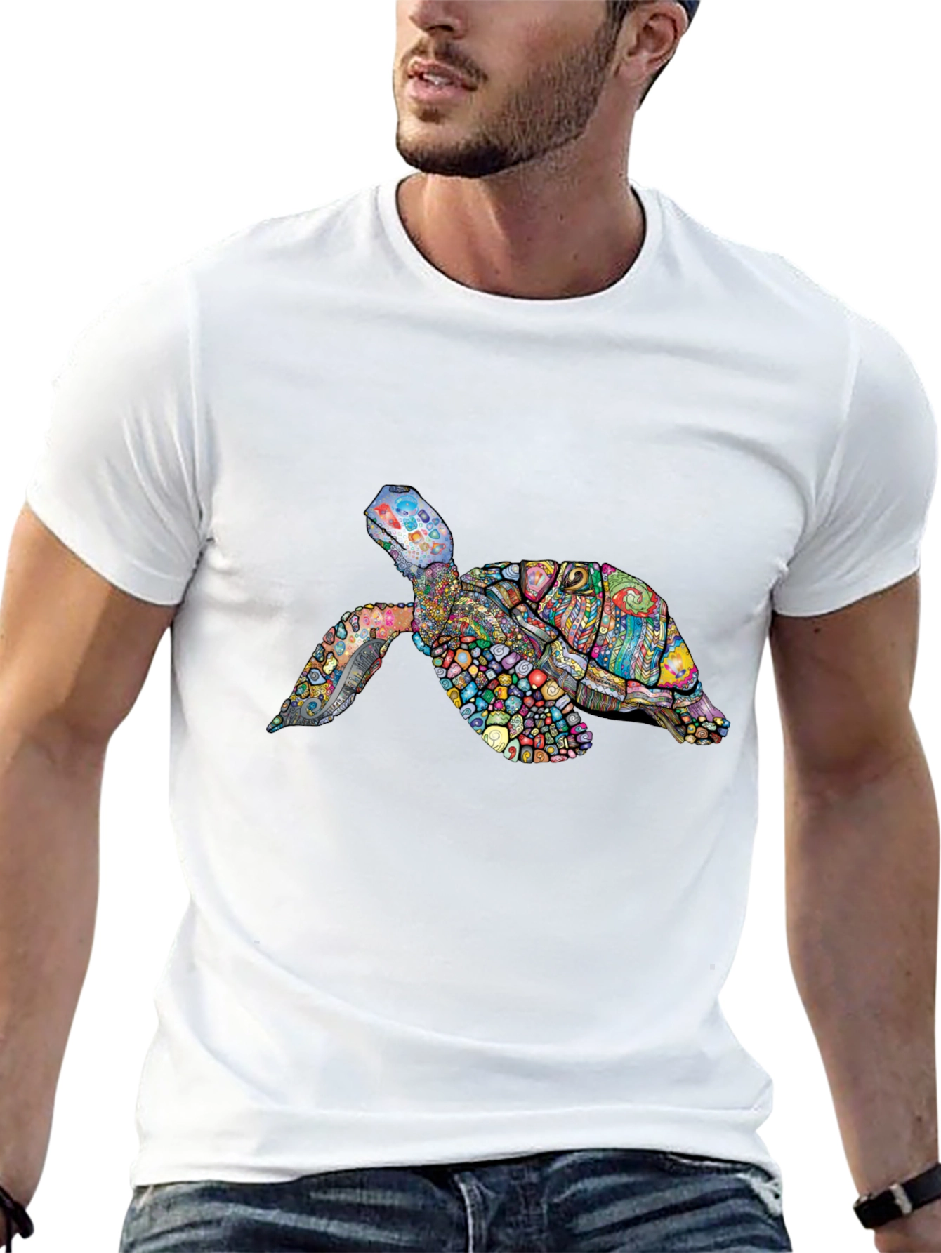 Black Vibrant Turtle Graphic Tee - Black Cotton T-Shirt view 13