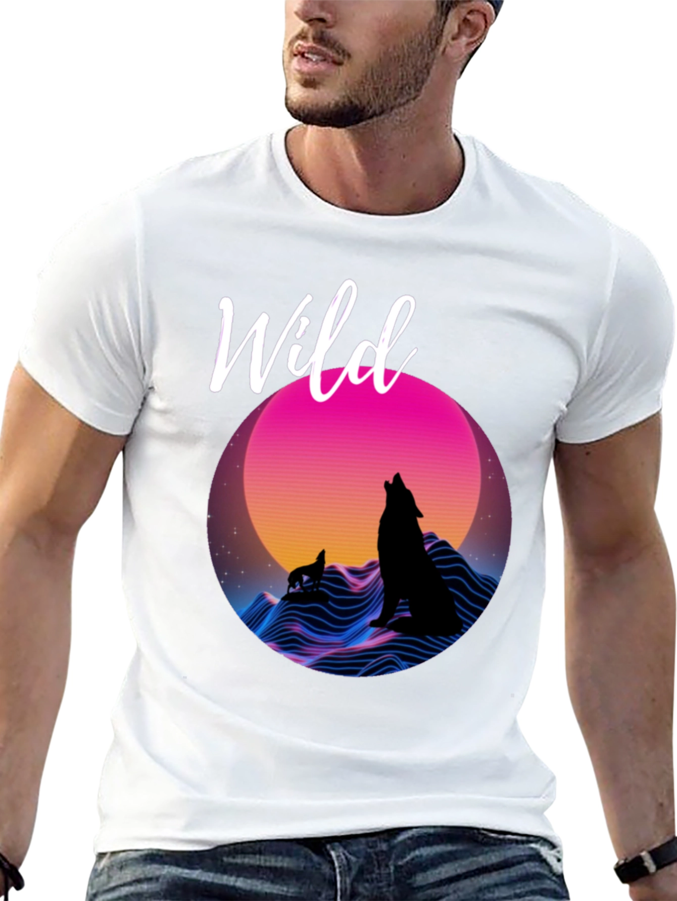 Black Wild Graphic T-Shirt - Retro Wolf Design view 13