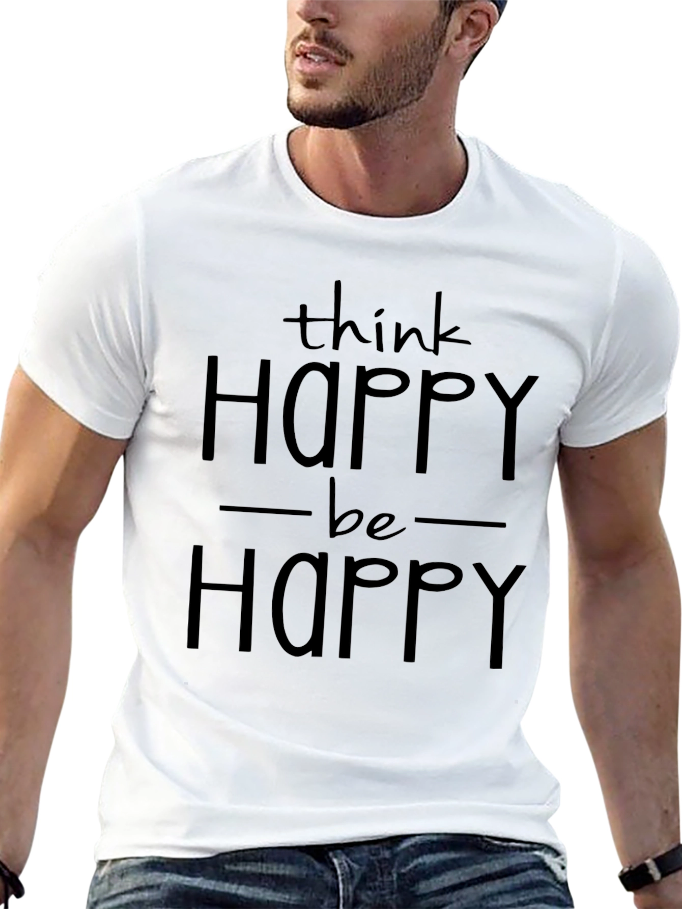 Black Think Happy, Be Happy Graphic T-Shirt view 13