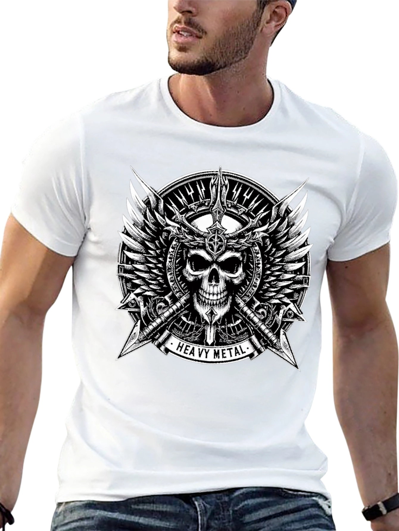 Black Heavy Metal Skull & Wings Black T-Shirt view 13