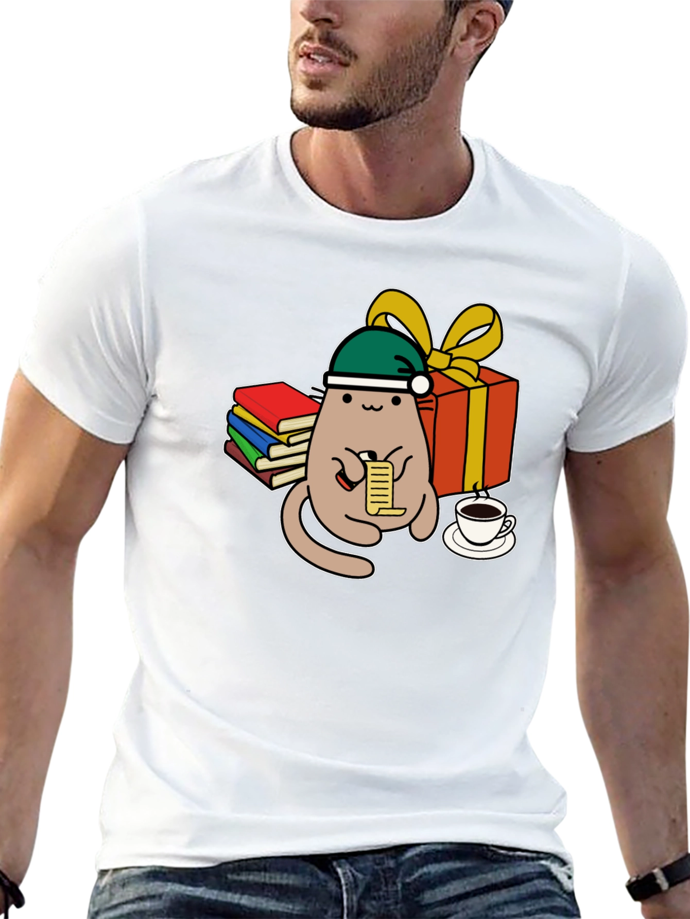 Black Festive Cat Reading Christmas List T-Shirt view 13