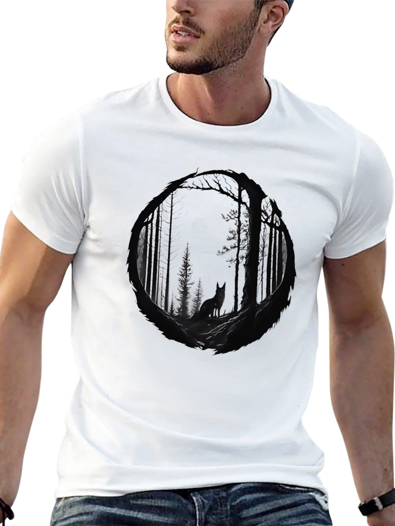 Black Mystic Forest Wolf Graphic Tee - Black Cotton Blend view 13