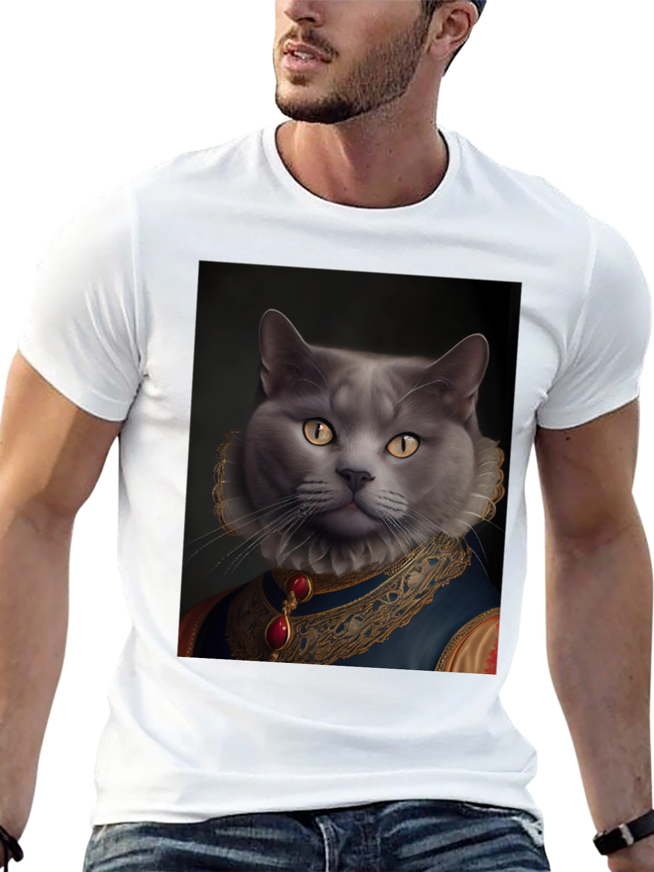 Black Royal Cat Portrait T-Shirt - Unique Novelty Tee view 13