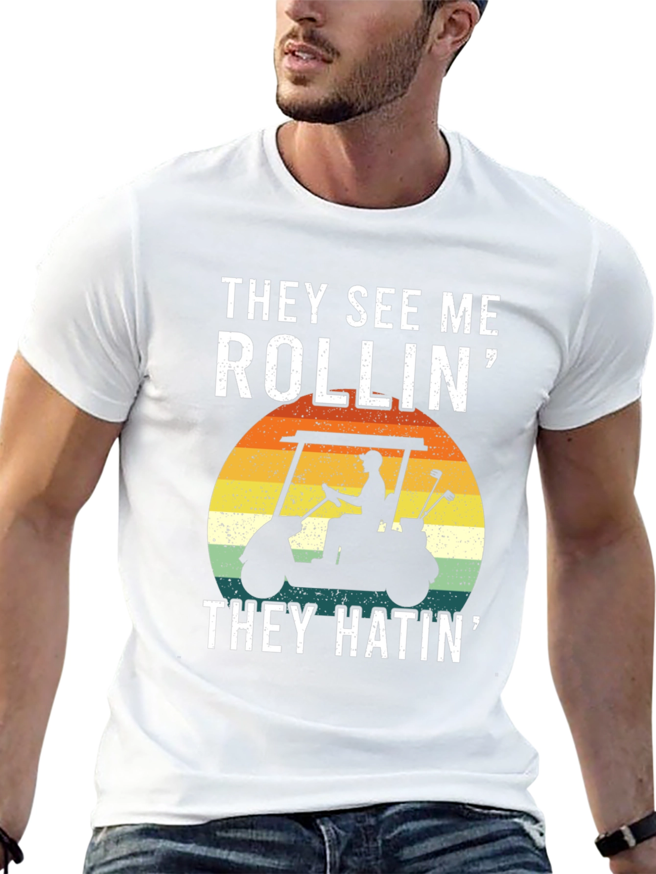 Black They See Me Rollin' T-Shirt: Golf Cart Design view 13