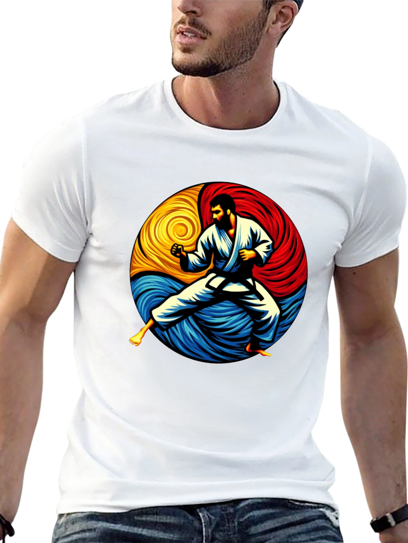 Black Karate Yin Yang Graphic Tee - Black Cotton Shirt view 13