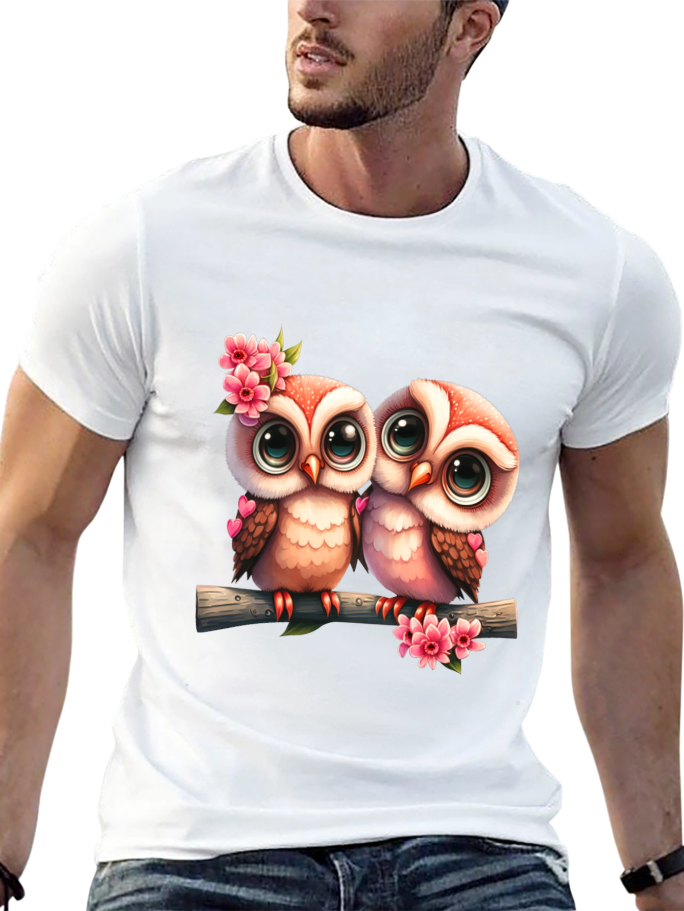 Black Owl Love Tee: Cute Cartoon Owls on Branch T-Shirt view 13