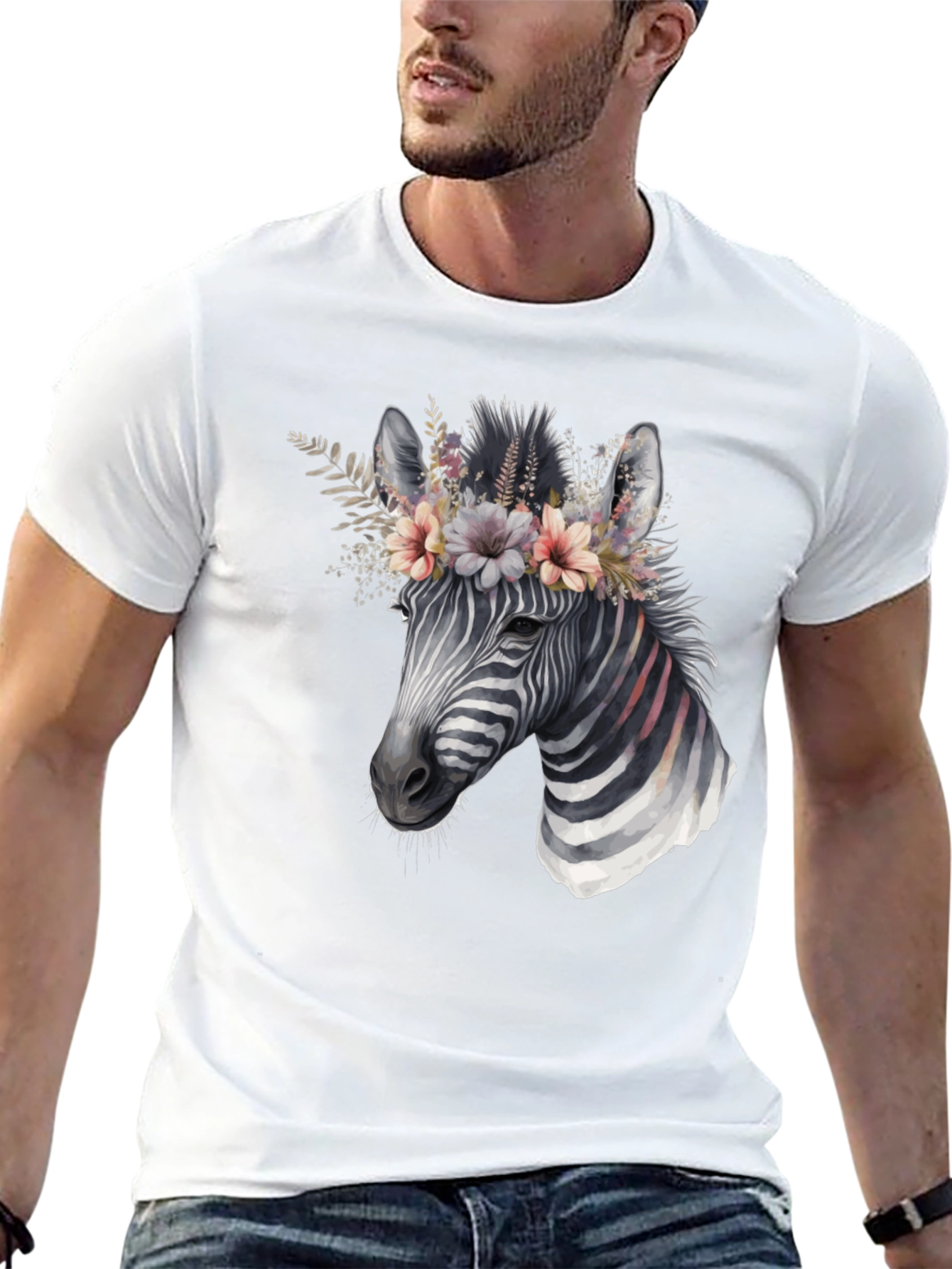 Black Zebra Floral Crown Graphic Tee - Unisex Cotton T-Shirt view 13