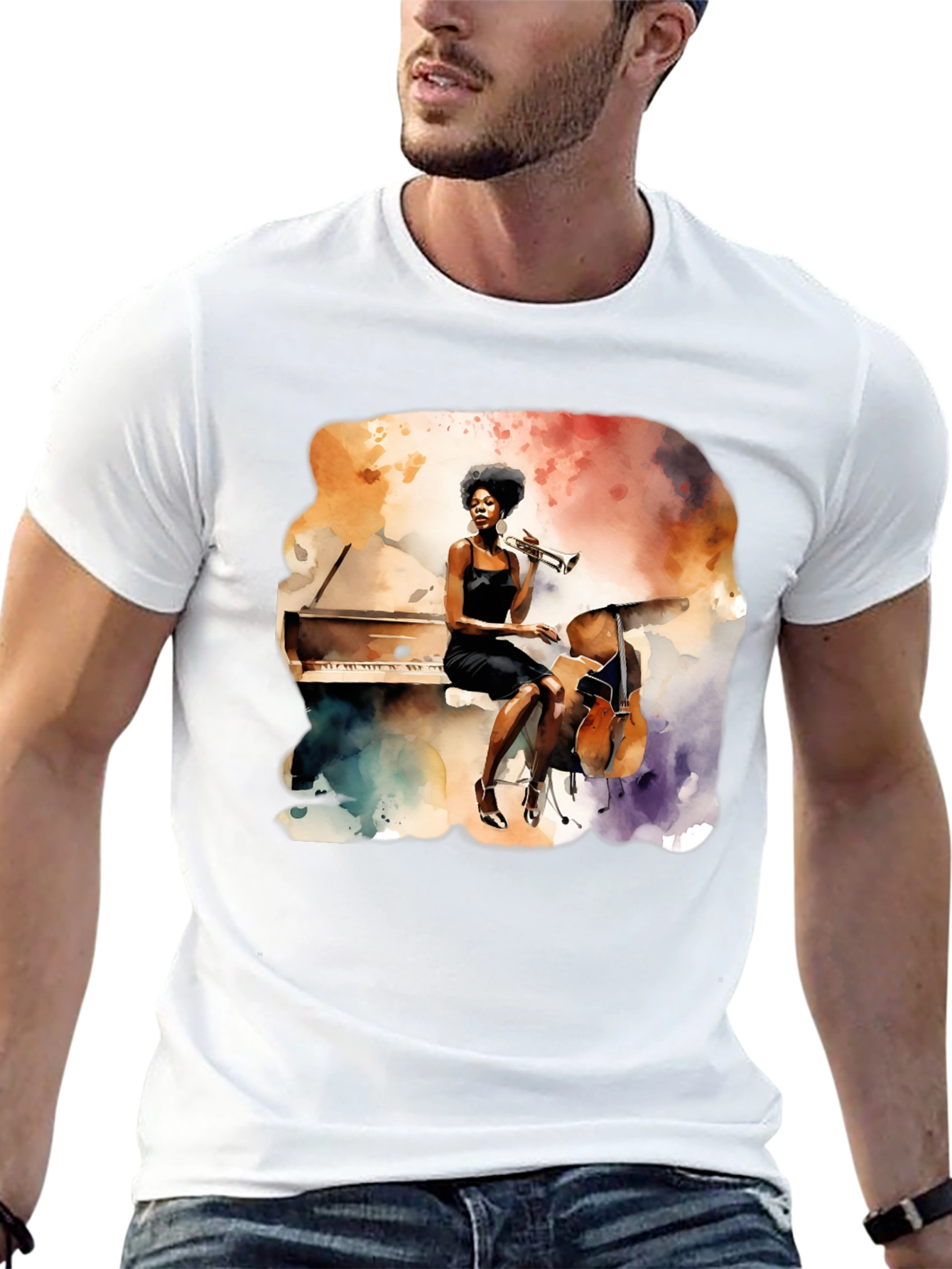 Black Watercolor Jazz Musician Unisex Tee view 13