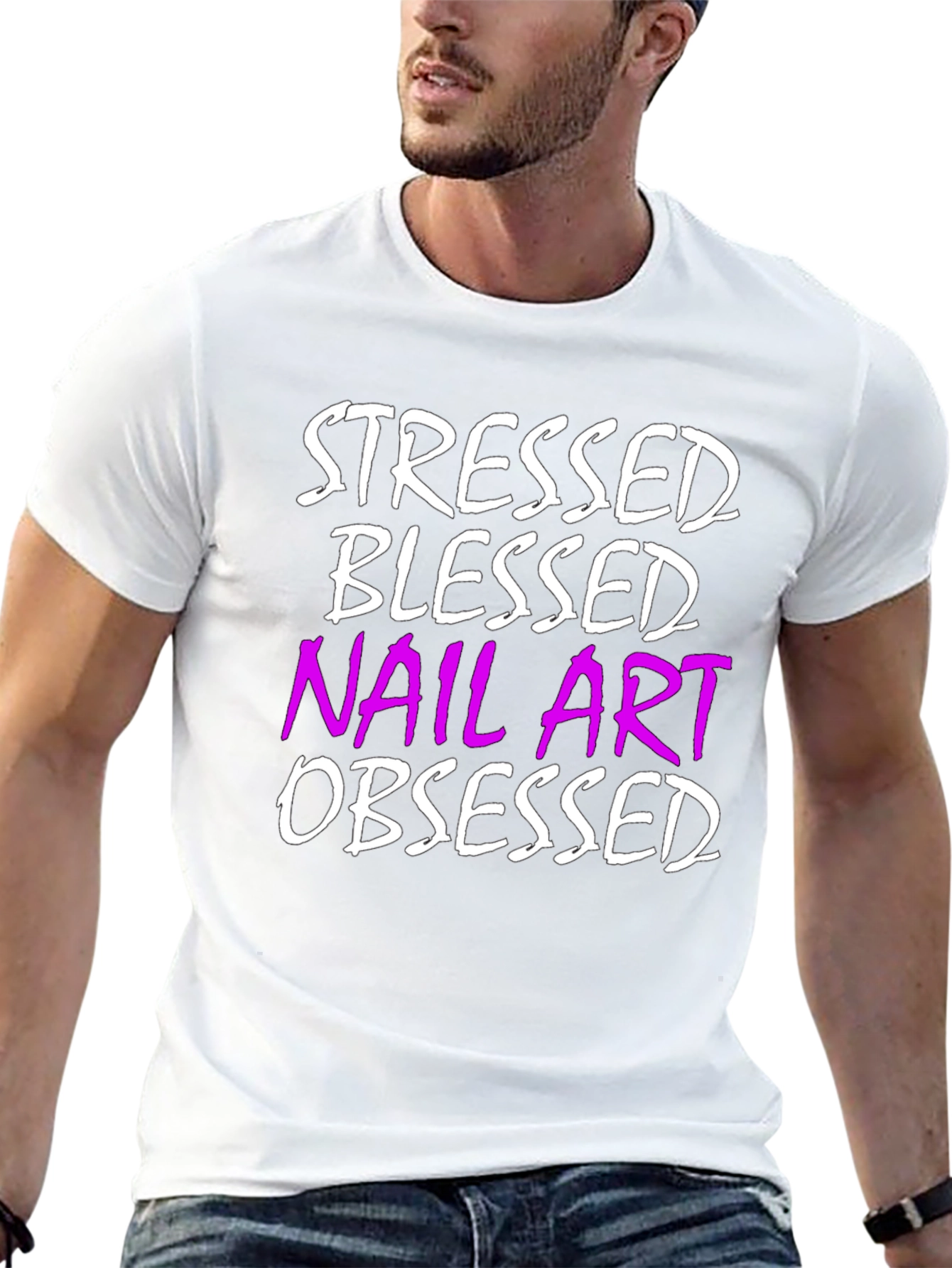 Black Stressed Blessed Nail Art Obsessed T-Shirt view 13