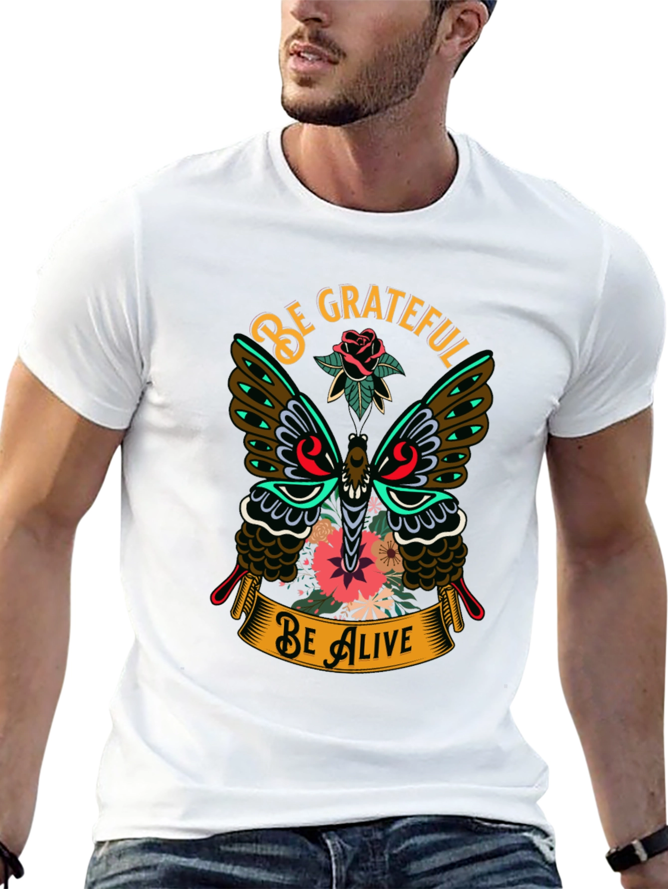Black Be Grateful Be Alive Butterfly Graphic T-Shirt view 13