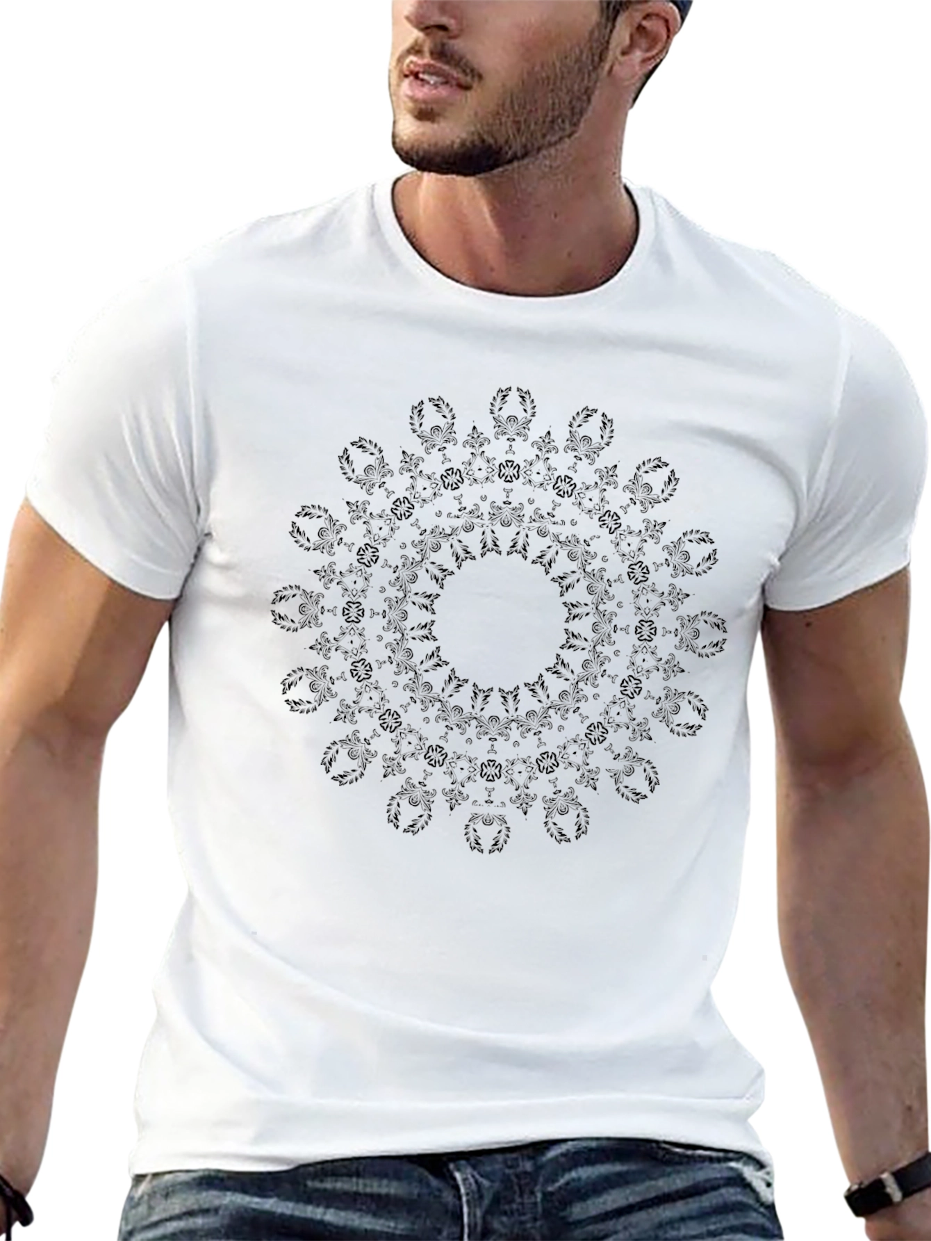 Black Geometric Mandala Print Black T-Shirt view 13