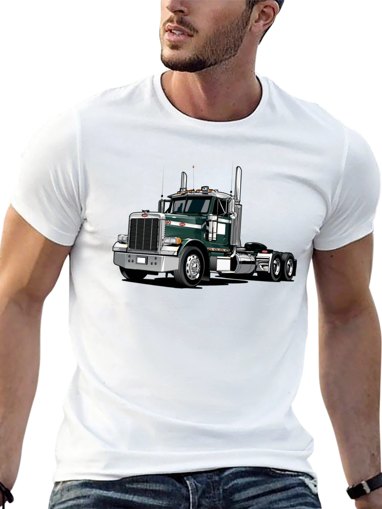 Black Trucker T-Shirt: Green Semi Truck Graphic Tee view 13